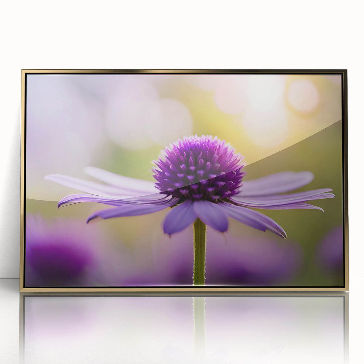 Close-up floral design in soft pastel hues on a large acrylic print, framed in gold, suitable for modern nursery wall art.