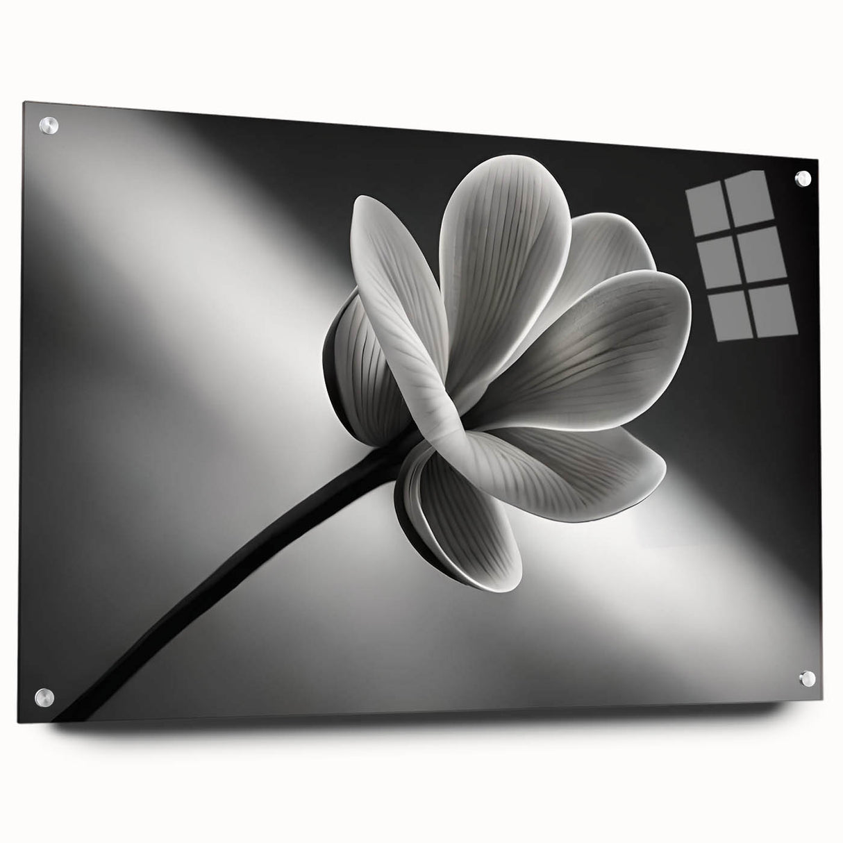 Close-up floral design in vibrant colors on acrylic glass, suitable for bedroom or dining room decor.