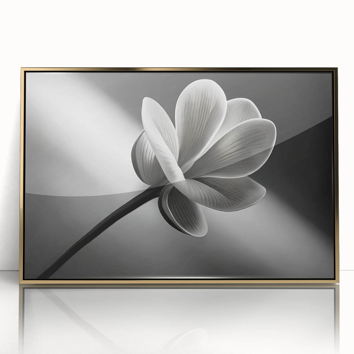 Large art print of a floral design in vibrant colors on a gold-framed acrylic, styled in mid-century modernist art.