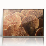 Mid-century modernist art depicting a close-up floral design in muted pastel shades, framed in silver acrylic.