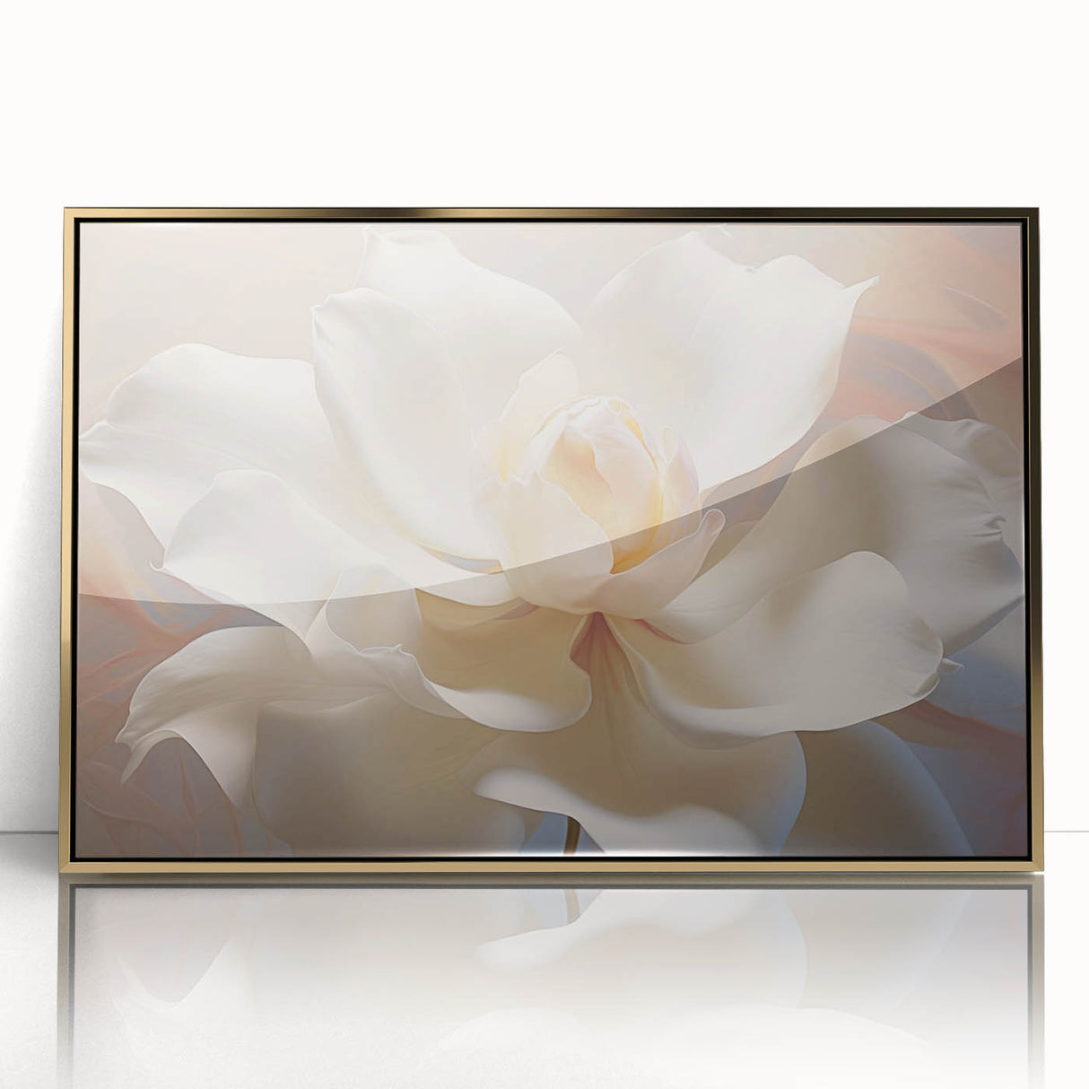 Large art print of a close-up floral design in vibrant colors on acrylic, framed in gold, suitable for nursery wall decor.
