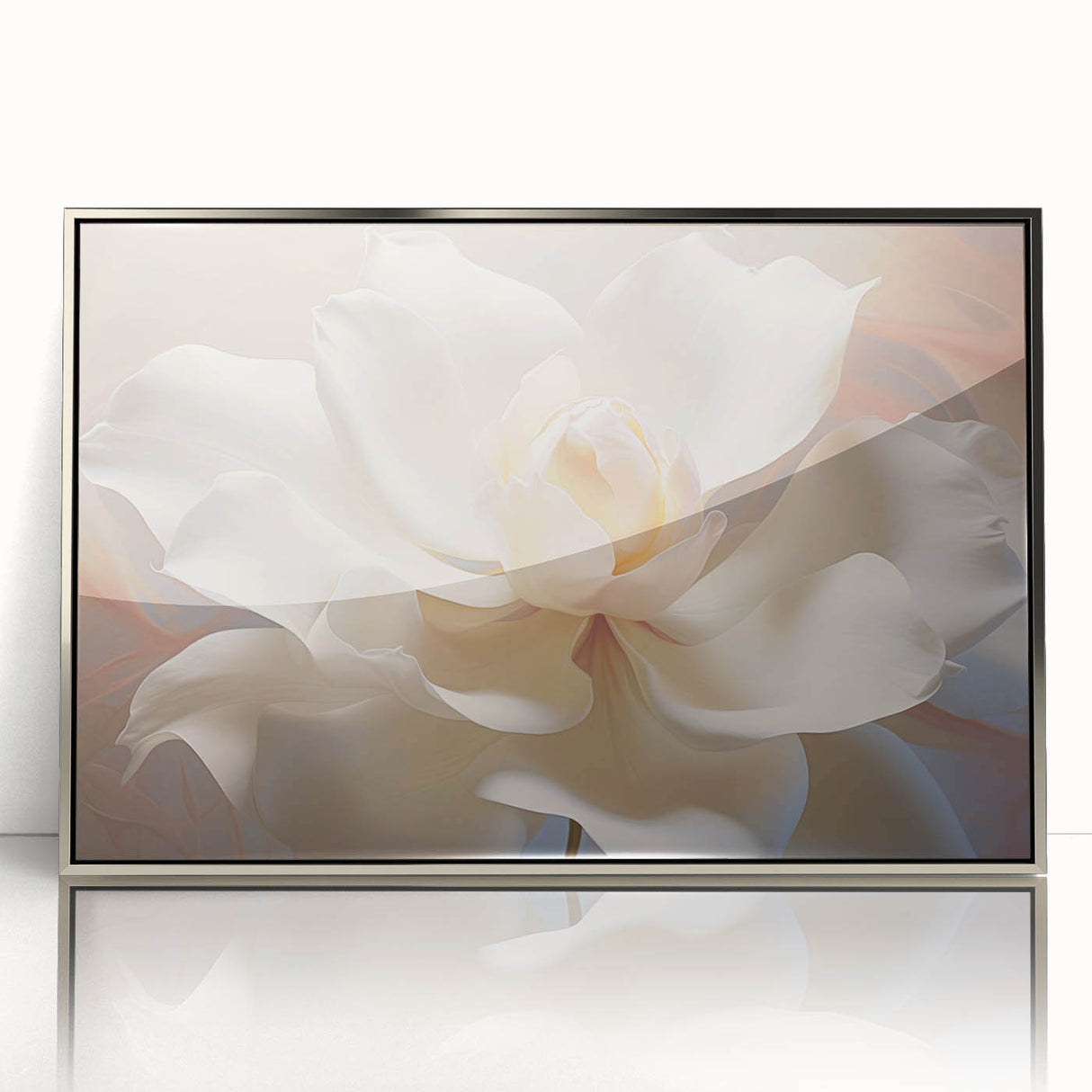 Mid-century modernist acrylic print featuring close-up floral designs in pastel shades, framed in silver.