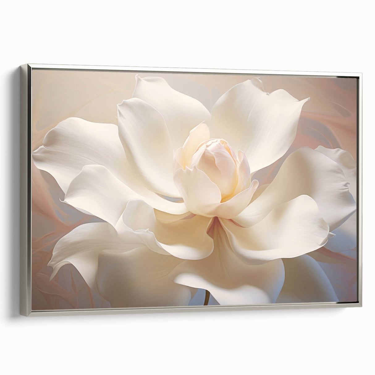 Landscape art painting of colorful florals on a black background, framed in silver, suitable for living room decor.