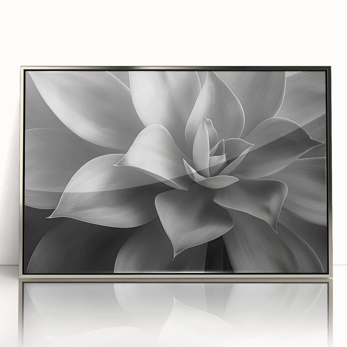Large art print of a mid-century modernist floral design in muted pastels, framed in silver acrylic.