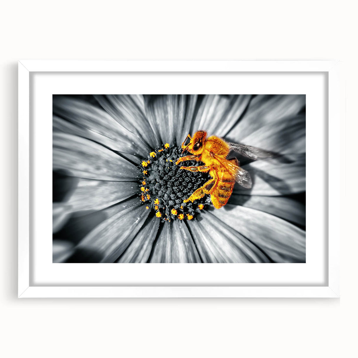 Abstract art print of multicolored florals on a white framed canvas, suitable for dining room or bedroom decor.