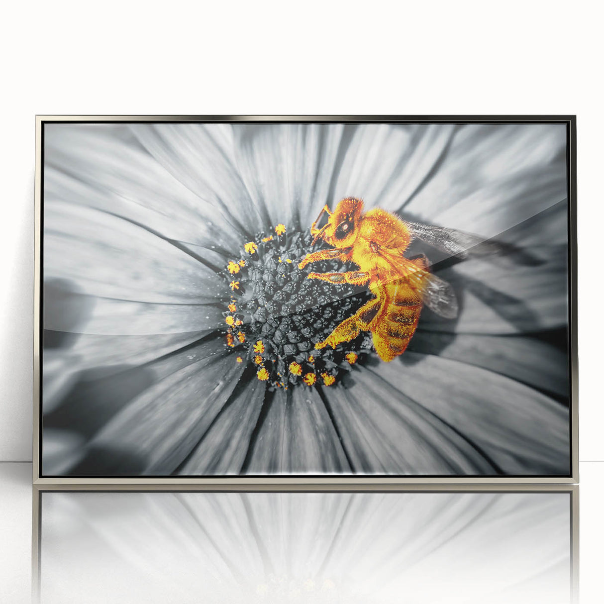Mid-century modernist floral design in muted pastel shades on a silver-framed acrylic, ideal for nursery wall art.