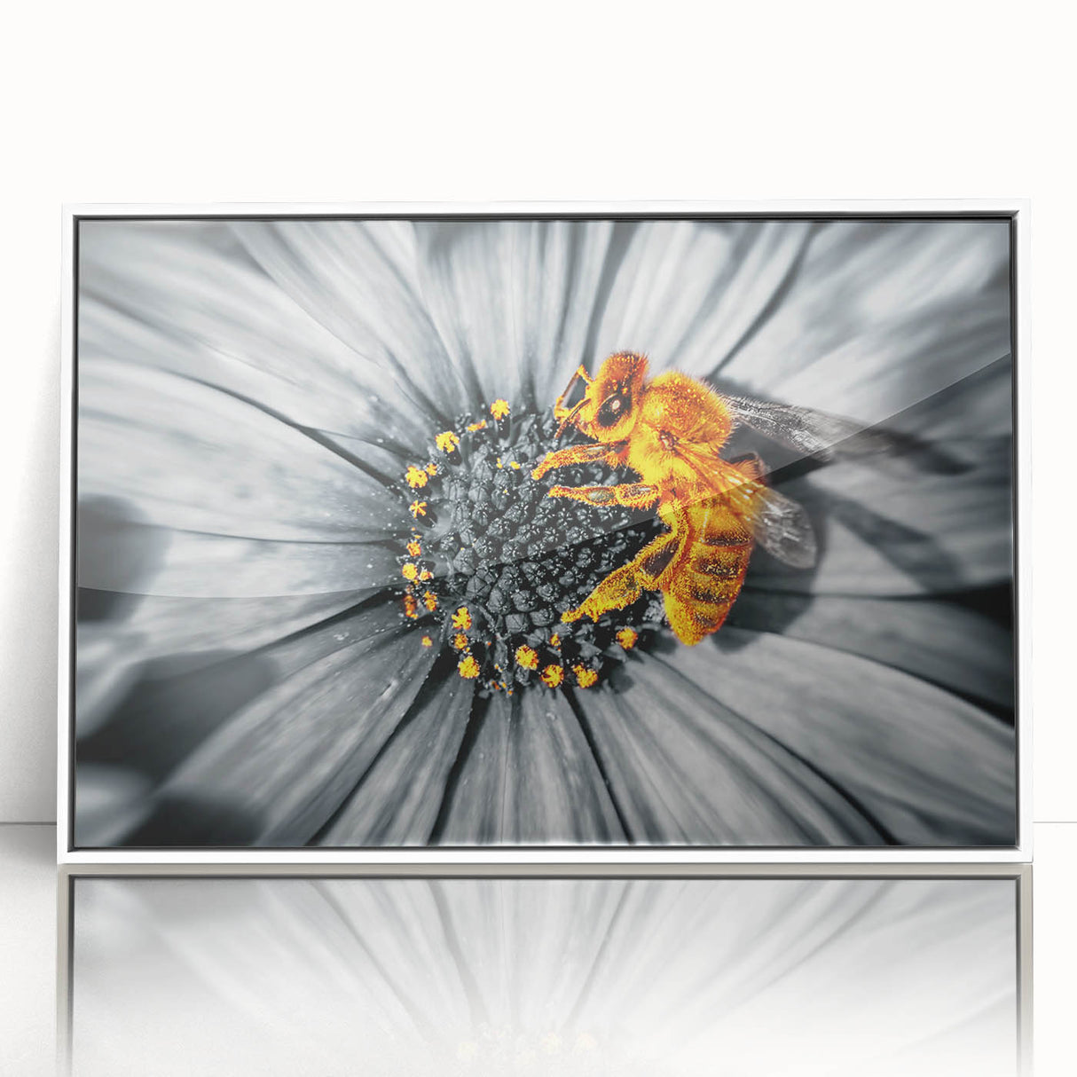 Acrylic print of art deco floral design in muted pastels, framed in white, suitable for modern nursery decor.
