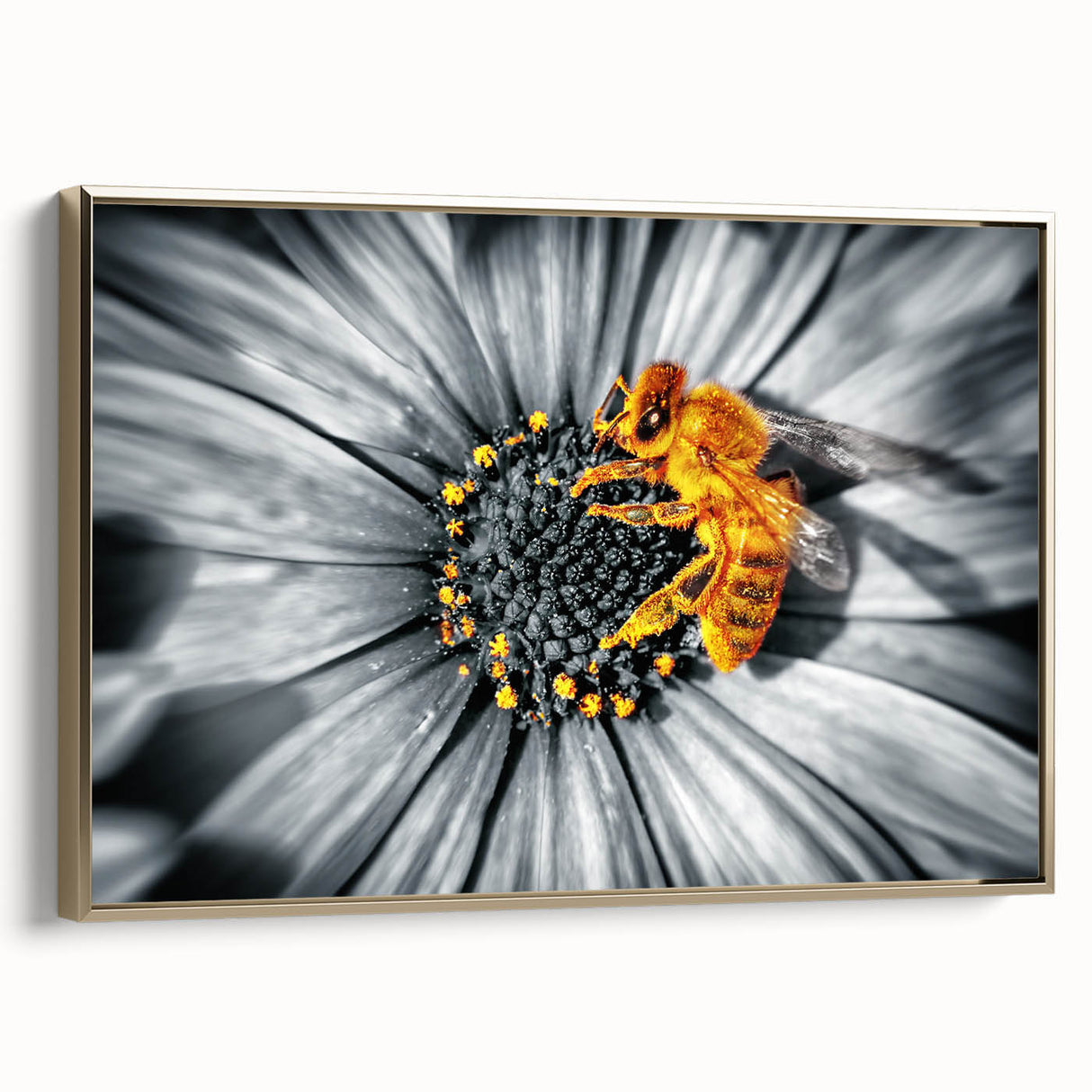 Framed canvas featuring a close-up floral design in muted gold tones, ideal for bedroom wall art.