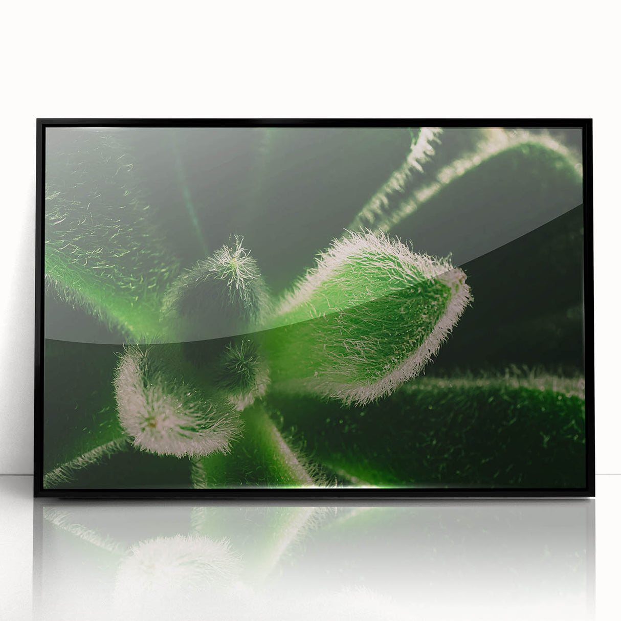 Large abstract wall art featuring floral motifs in muted earth tones, framed in black acrylic.
