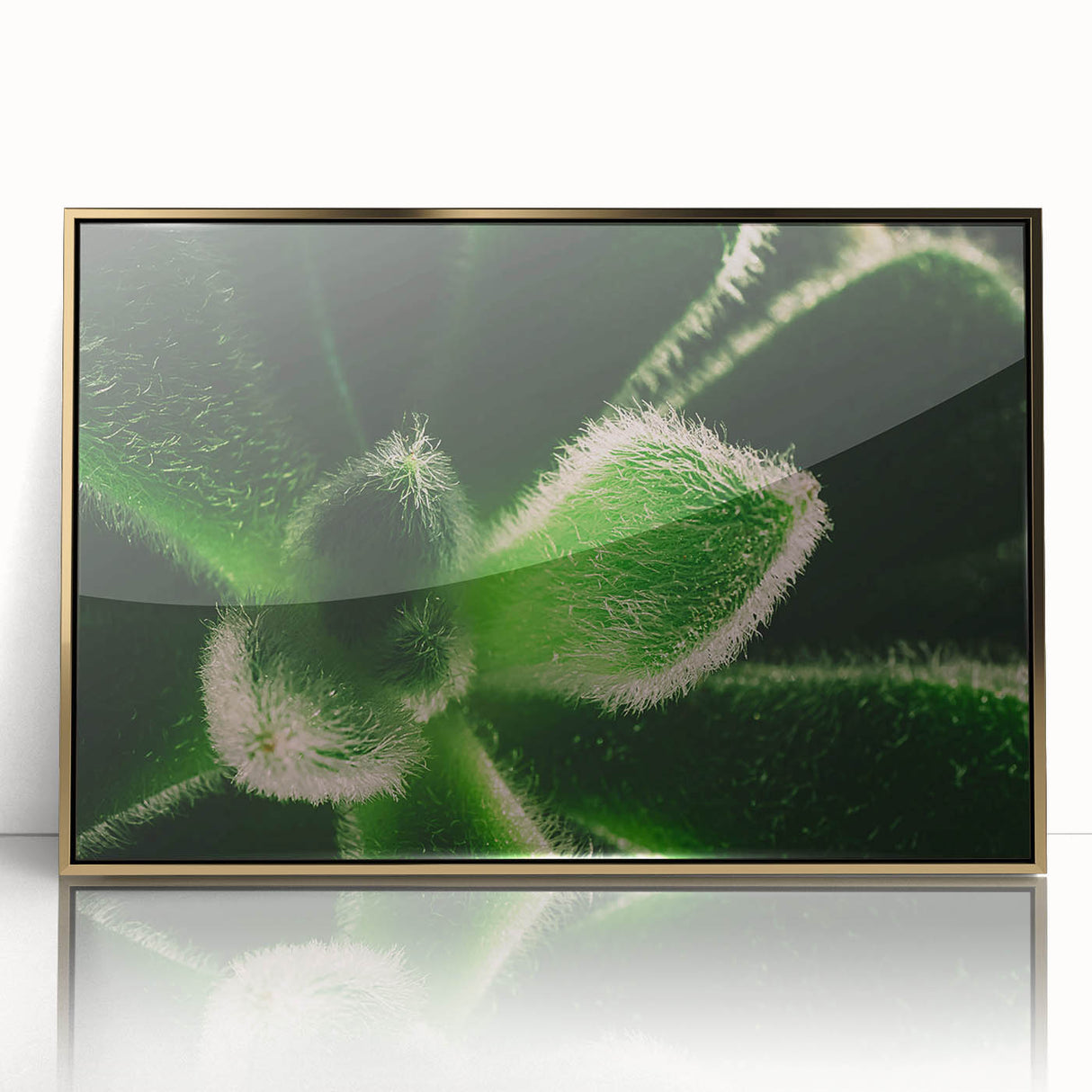 Large art print of close-up floral designs in vibrant colors, framed in gold acrylic, suitable for modern nursery decor.