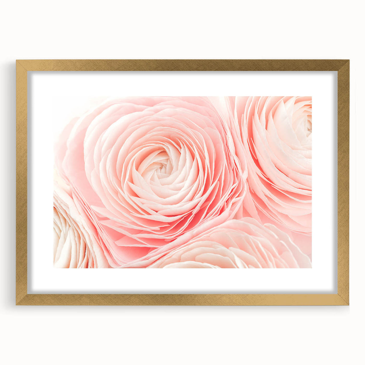 Extra large abstract art print featuring textured florals in gold and white tones, framed in gold.