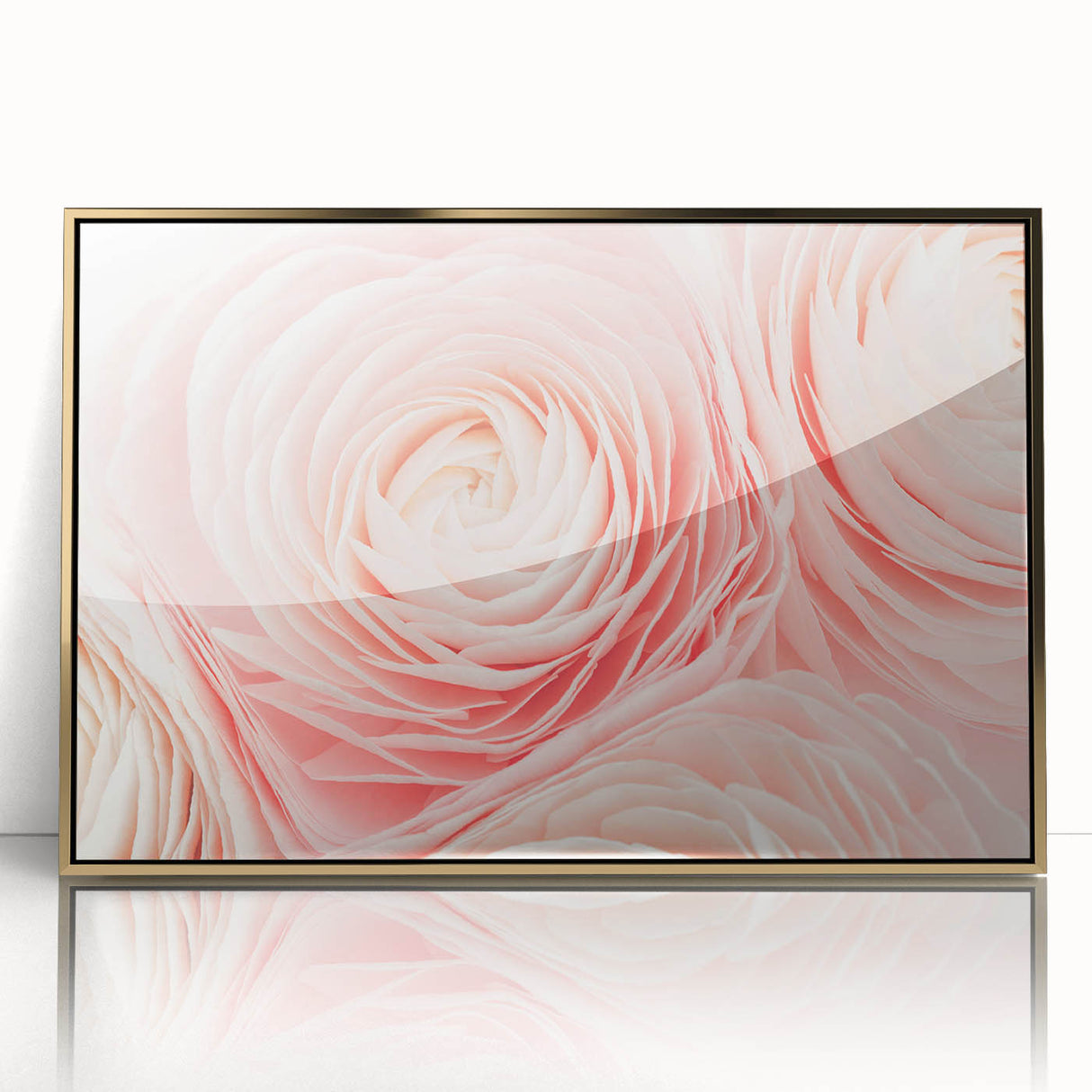 Large art print of a floral close-up in a gold frame, featuring soft pastel shades, ideal for nursery wall art.