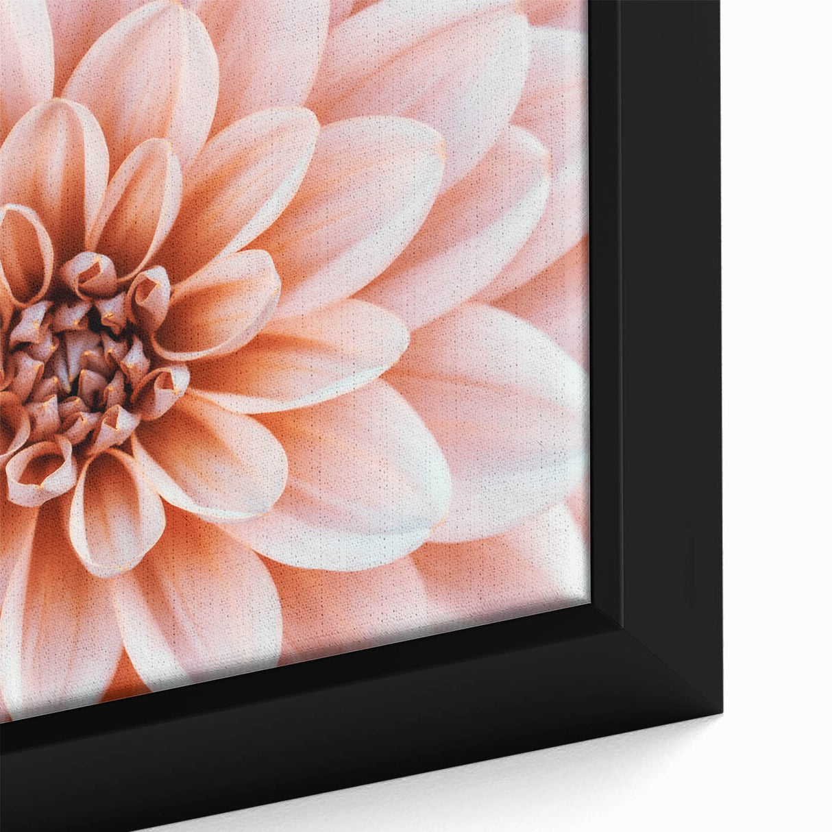 Close-up of a black framed canvas featuring a textured, colorful floral design.