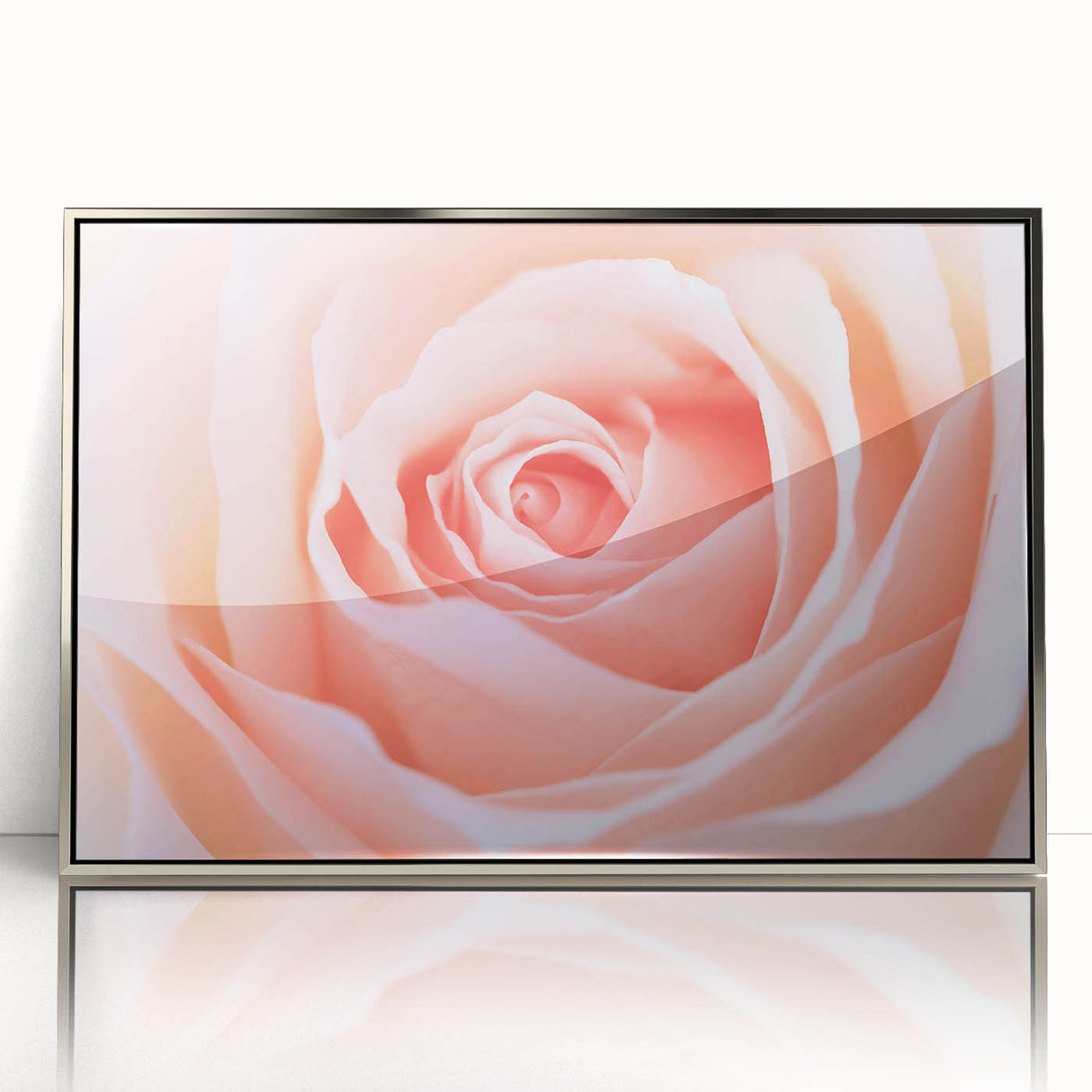Mid-century modernist floral design in a silver acrylic frame, featuring pastel pink and green tones.