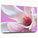Close-up of a floral acrylic glass wall art with vibrant green and pink tones, ideal for dining room decor.