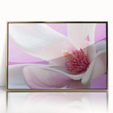 Large art print of a mid-century modernist floral design in muted pastels on framed acrylic, suitable for nursery wall art.