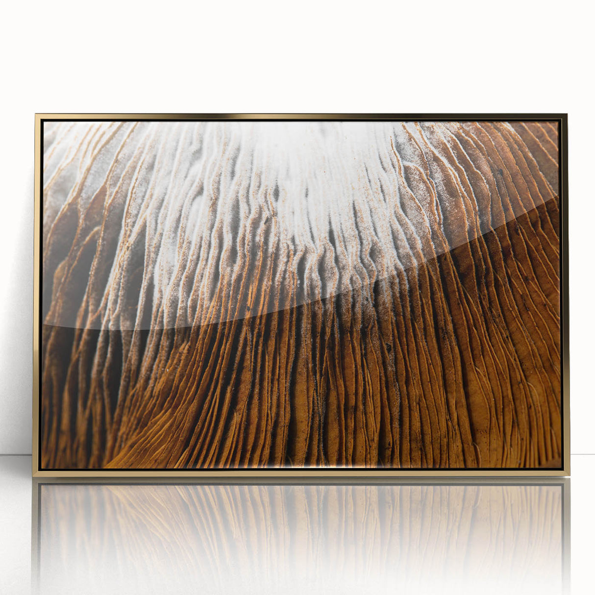 Large acrylic print of a mid-century modernist floral design in gold and muted tones, ideal for nursery wall decor.