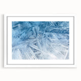 Extra large abstract art print featuring a close-up frost design in blue and white tones on a framed canvas.