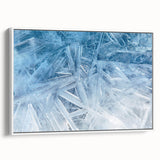 Framed canvas depicting a close-up of frost patterns in black and white, suitable as wall art for bedrooms.