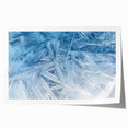 Close-up of frost patterns on ice in muted blue and white tones, rolled print, suitable for art wall dining room.