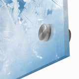 Close-up of frost patterns in blue and white on acrylic glass, suited for dining room art in a mid-century modernist style.