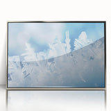 Framed acrylic print of a close-up frost design on ice in silver, ideal for modern art wall decor.