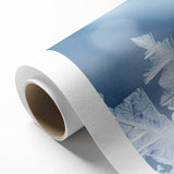 Art deco style poster of a close-up frost design in icy blue and white tones on rolled canvas, ideal for nursery wall art.