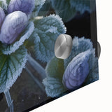 Large abstract wall art featuring a close-up of frost patterns in muted blue tones on acrylic glass.