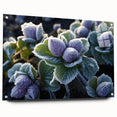 Close-up image of frost patterns on acrylic glass, featuring cool blue and white tones.