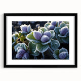 Abstract art print featuring a textured frost design in vibrant blue and white on a large black-framed canvas.