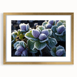 Textured art of abstract frost patterns in blue and white tones, framed in gold, ideal for bedroom wall decor.
