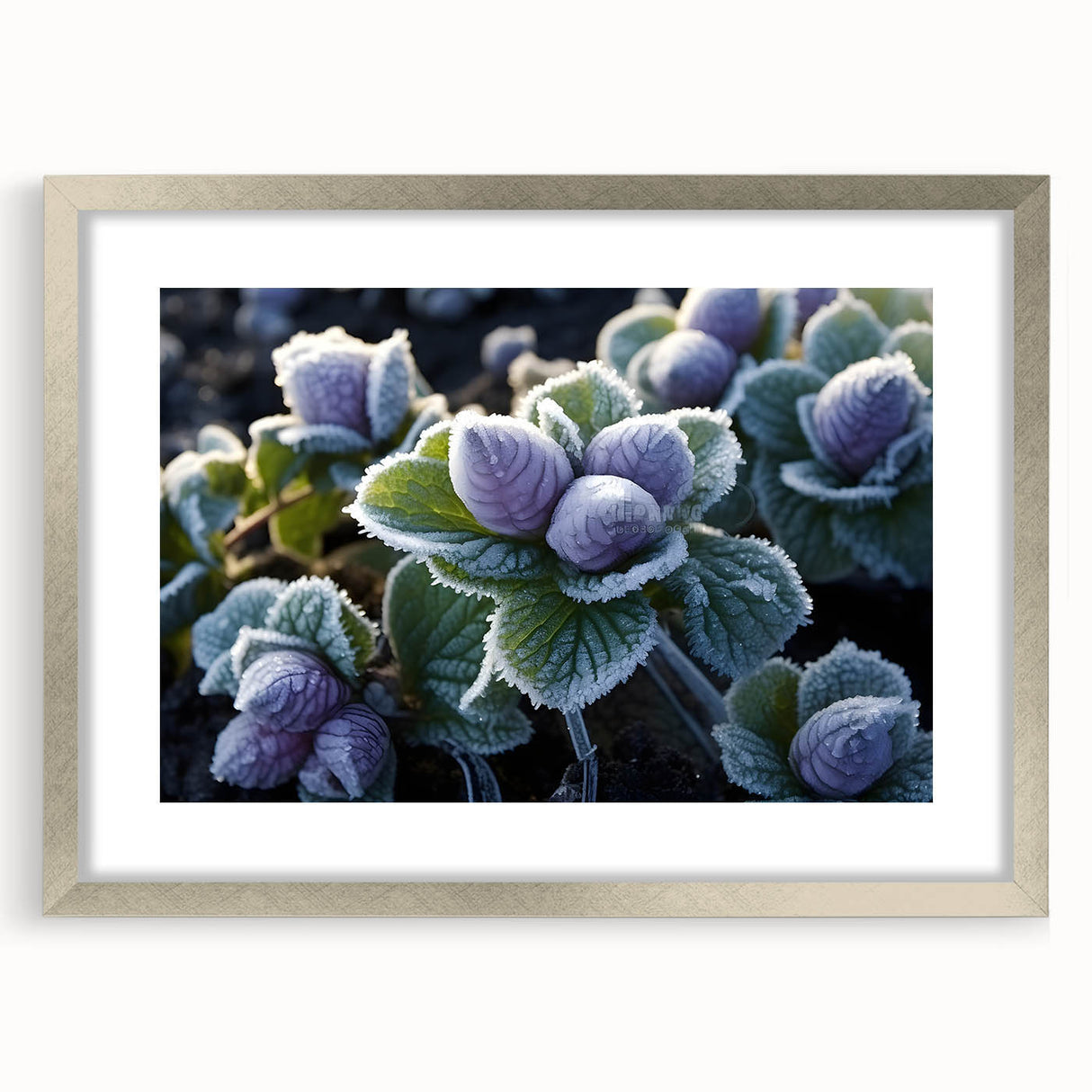 Abstract art print of a frost design in muted gray and blue tones, framed in silver, ideal for modern bedroom ambiance.