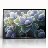 Large abstract wall art depicting frost patterns in muted gray tones, framed in black acrylic.