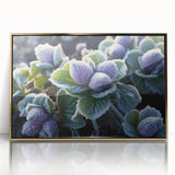 Mid-century modernist art depicting a frost design in gold and white tones on framed acrylic.