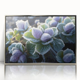 Close-up of frost patterns in shades of white and blue on a framed acrylic, ideal for modern art wall decor.