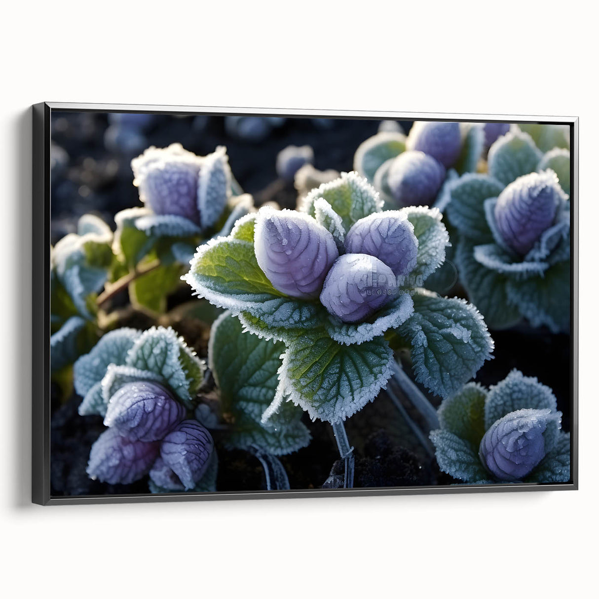 Black and white landscape art painting on framed canvas, featuring a close-up of frost patterns.