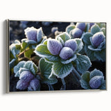 Vintage poster art featuring a close-up of frost patterns in silver, framed canvas, ideal for living room decor.