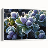 Framed canvas depicting a close-up view of frost patterns in grayscale, ideal for bedroom wall art.