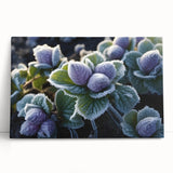Close-up of frost patterns in black and white on stretched canvas, ideal for kitchen wall art.