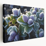 Close-up image of frost patterns on a stretched canvas, displaying a mix of icy blue and white tones.