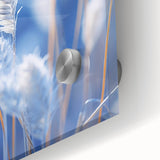 Close-up of frost design in icy tones on acrylic glass, ideal for dining room art with a mid-century modernist style.