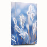 Large abstract wall art of frost patterns on acrylic glass, featuring muted blue and white tones.