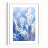 Extra large abstract art print featuring a textured frost design in white and blue tones, framed with a white mat.