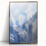 Mid-century modernist art depicting a close-up of frost on ice in muted gray tones, acrylic print framed in gold.