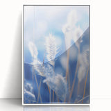 Framed acrylic print of a close-up frost design in white and blue tones, ideal for modern art wall decor.