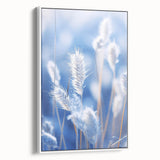 Framed canvas featuring a close-up of ice patterns in muted white and gray tones, suitable for bedroom wall art.
