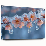 Acrylic print featuring a close-up of frost patterns in blue and white tones, suitable for dining room or bedroom decor.