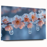 Acrylic glass print of large abstract wall art featuring textured frost designs in blue and white tones.