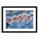 Abstract art print featuring textured, colorful frost patterns on a black framed canvas, ideal for living room decor.