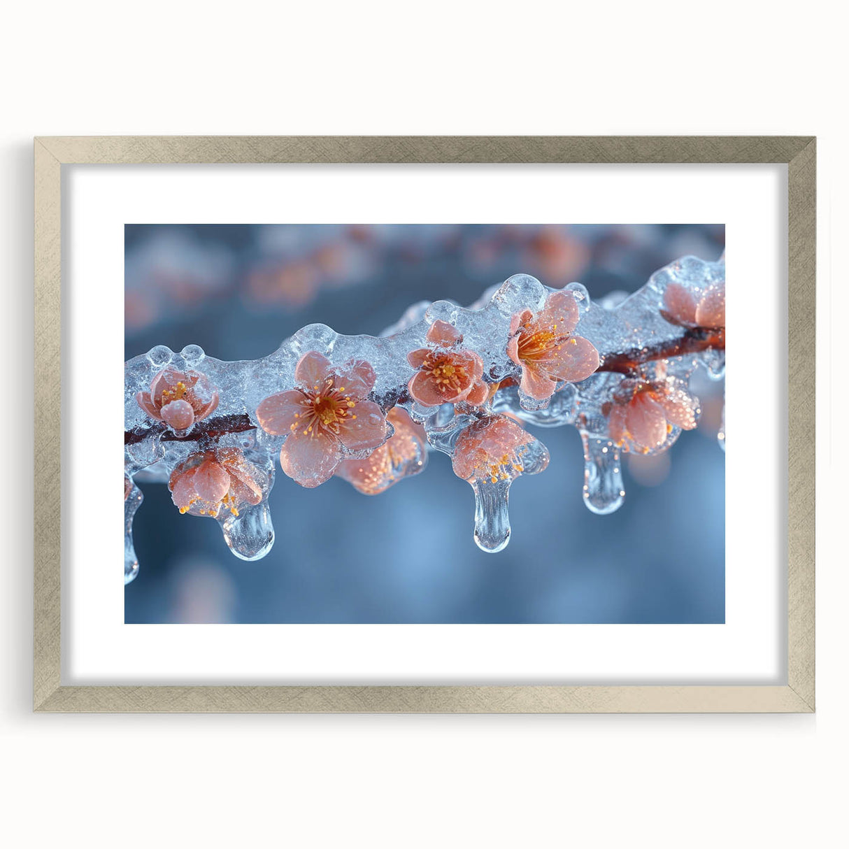 Abstract art print featuring a frost-like design in muted silver tones on a framed canvas.
